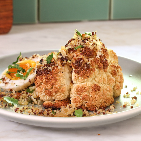 Roasted Cauliflower with Quinoa Breadcrumbs and Soft Boiled Egg