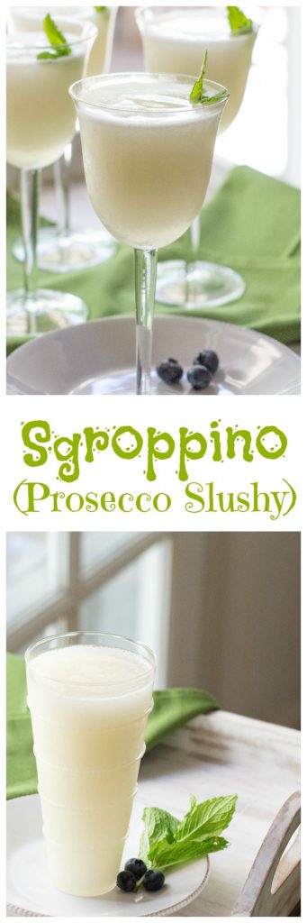 Sgroppino Italian dessert drink made with lemon sorbet, vodka and Prosecco, poured into pretty glasses, and garnished with mint.