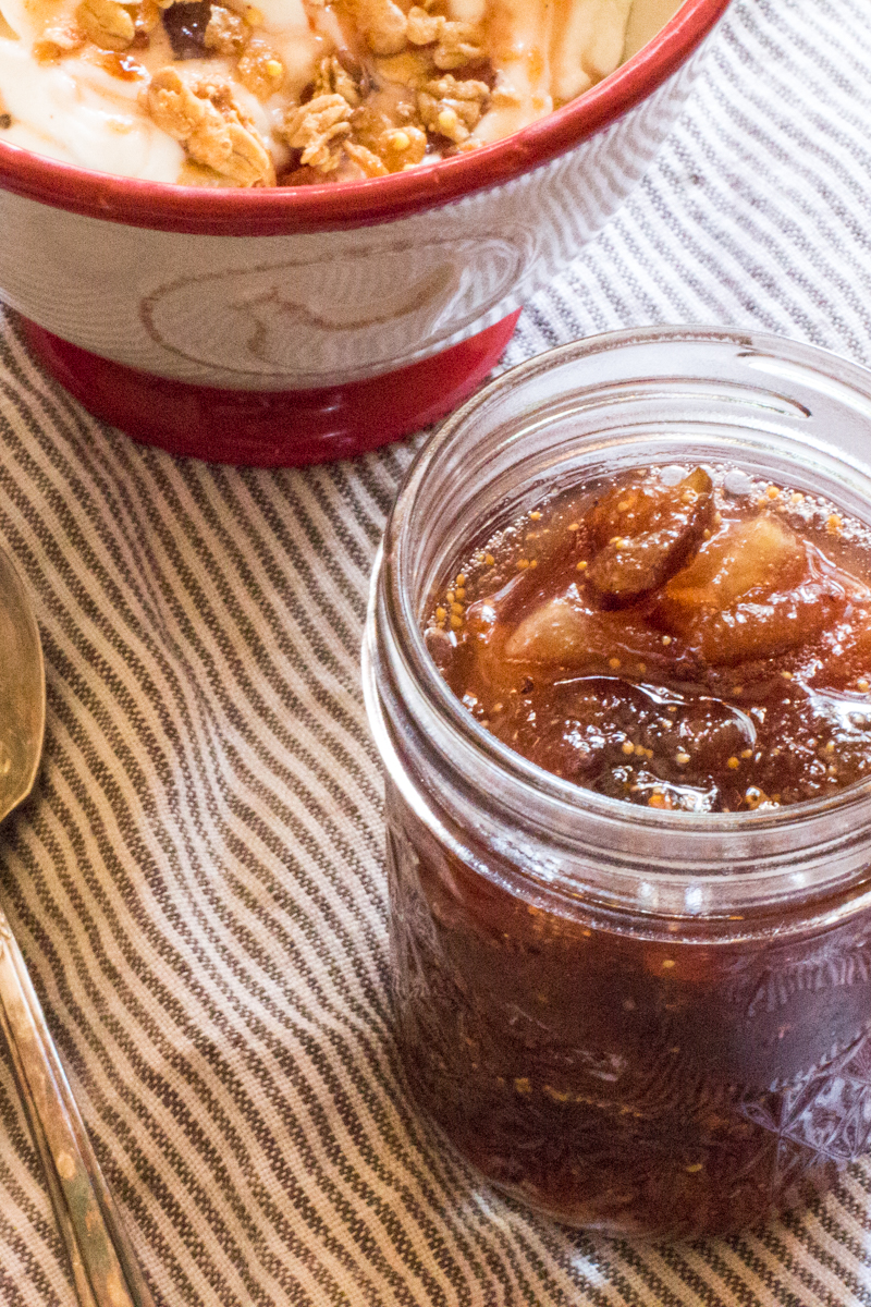 Fig jam spiced with cardamom, cinnamon, ginger, and nutmeg. Perfect for fall.