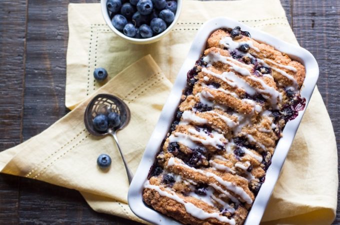 Scone bread layered with streusel and blueberries, and drizzled with lemon icing.