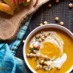 Vegan, roasted coconut curried butternut squash soup with apples.