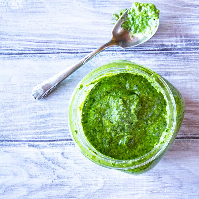 Easy lemony basil pesto ready in 10 minutes (or less, if you don't grate your own cheese). Vegan option included! 