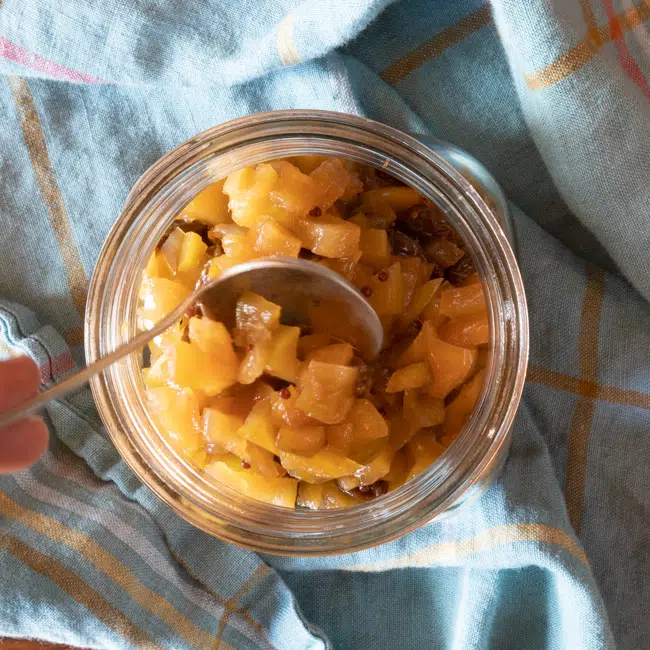 A jar filled with apple chutney, with a spoon scooping some out.