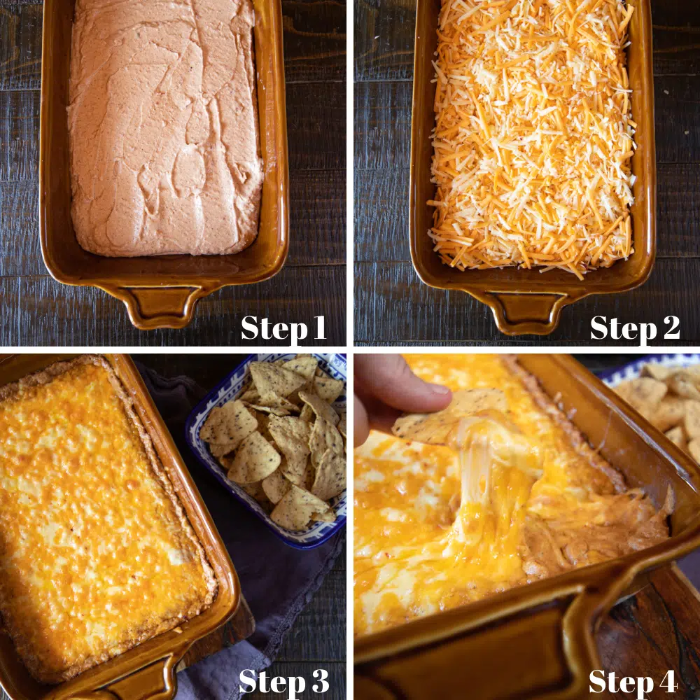 Process shots of 4 steps of making a warm been dip topped with cheese.
