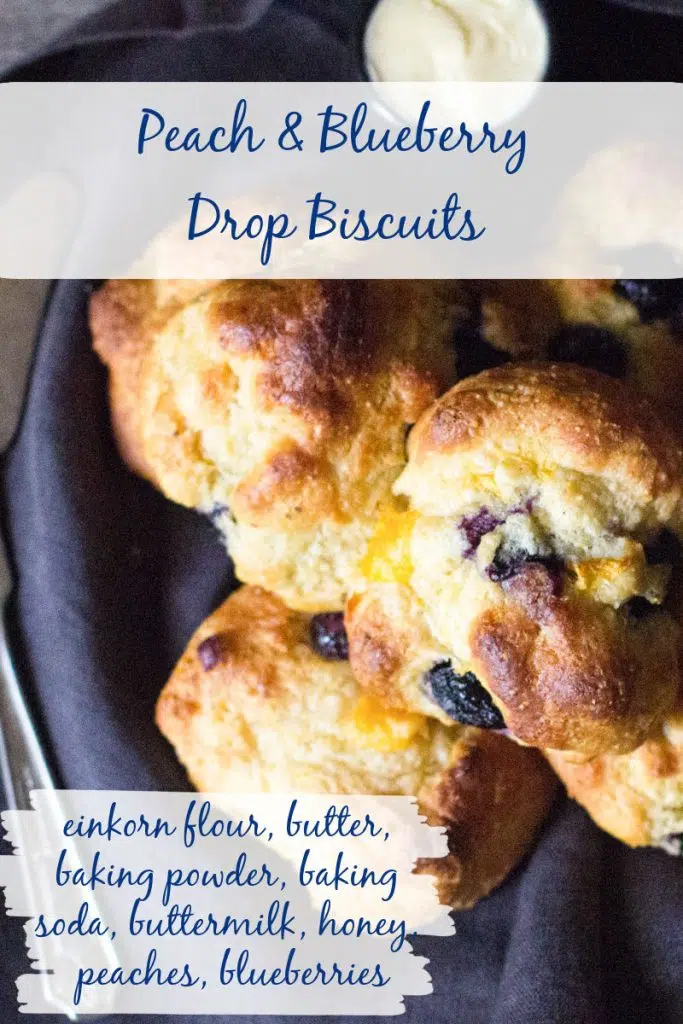 Peach and blueberry drop biscuits with text overlay for Pinterest.