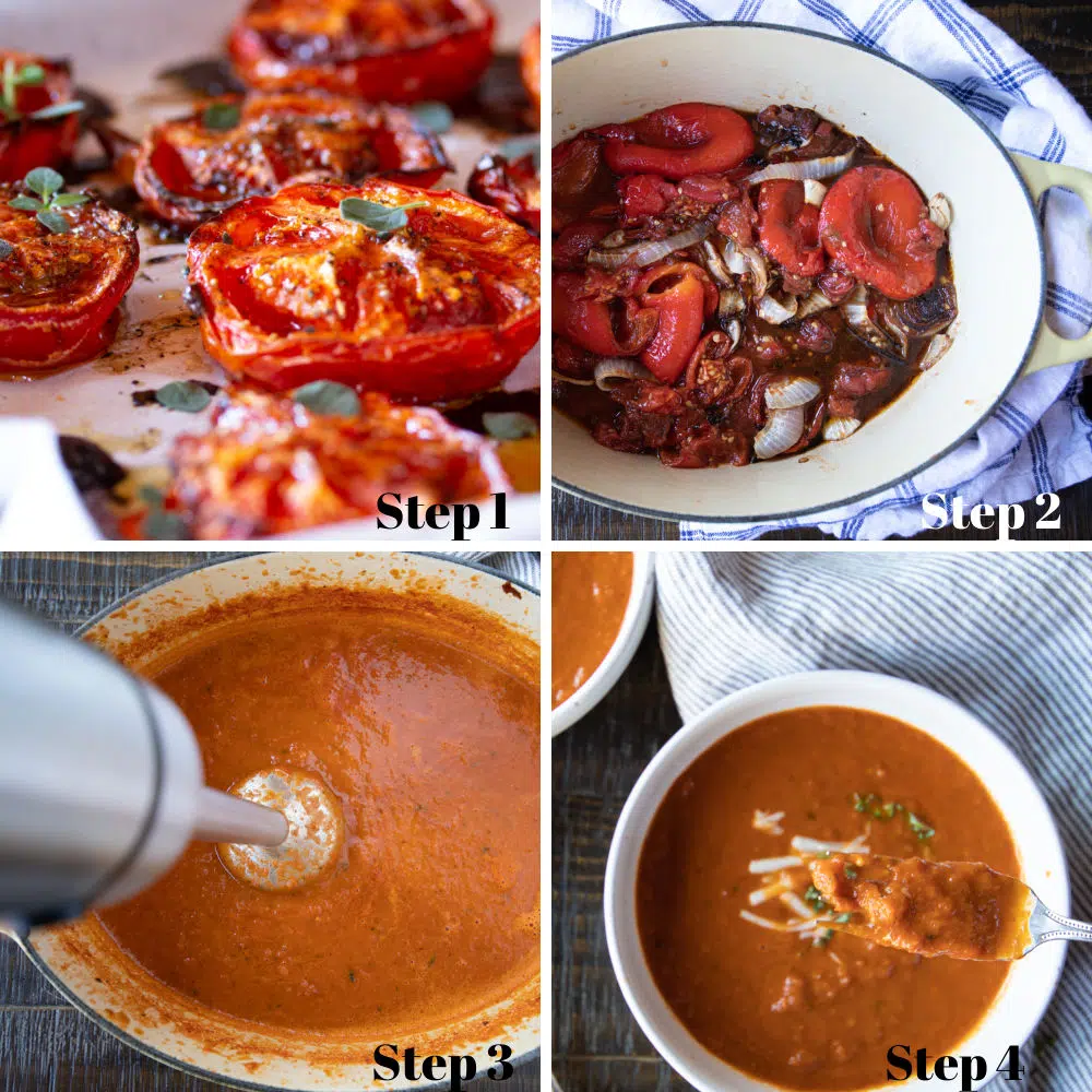 4 photos of the steps in making roasted tomato soup with basil.