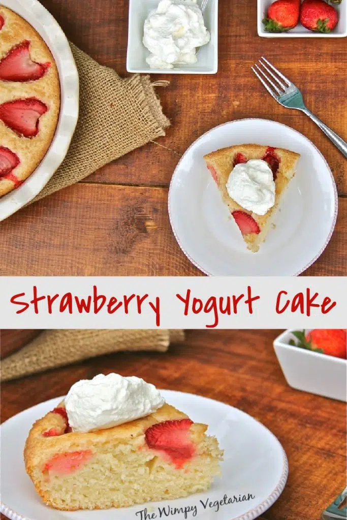 Slice of strawberry yogurt cake from the top and side, topped with whipped cream with text overlay for Pinterest.