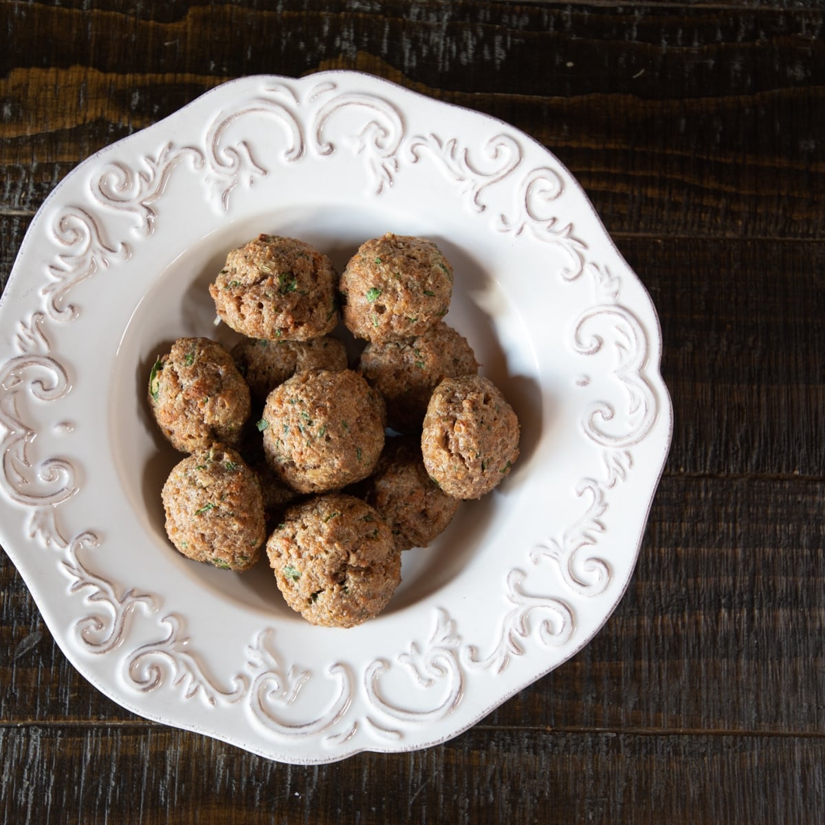 Cooked meatballs made with Beyond Beef in a bowl.