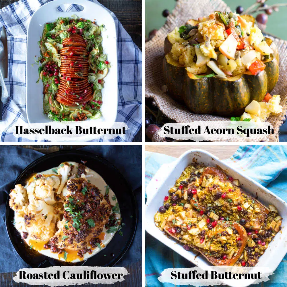 Four vegetarian main dishes for Thanksgiving with text overlay.