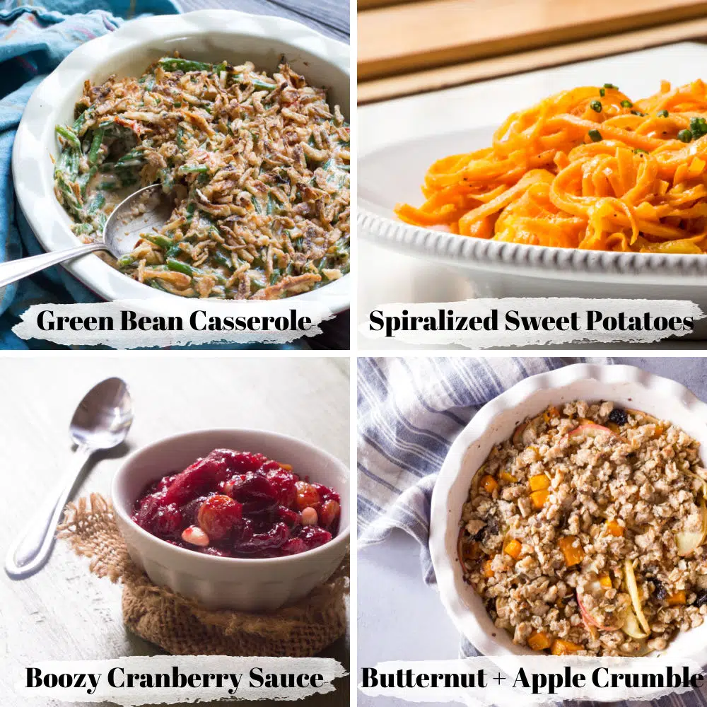 Four vegetarian side dishes for Thanksgiving with text overlay.