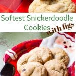 Snickerdoodle cookies on a Santa cookie plate with text overlay.