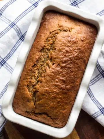 A loaf of caramelized banana bread baked with Einkorn flour.