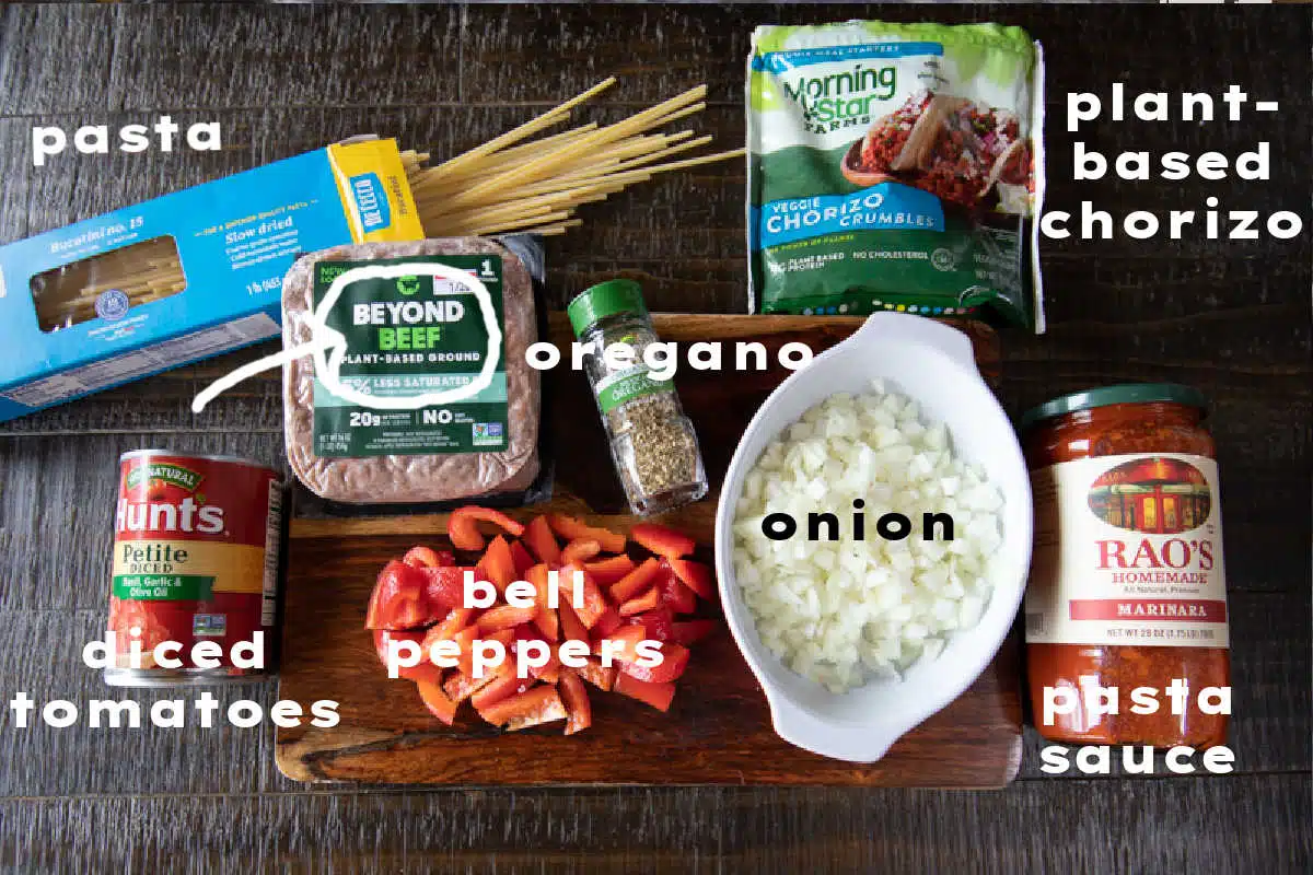 Ingredients for making a baked spaghetti casserole, with text overlay.