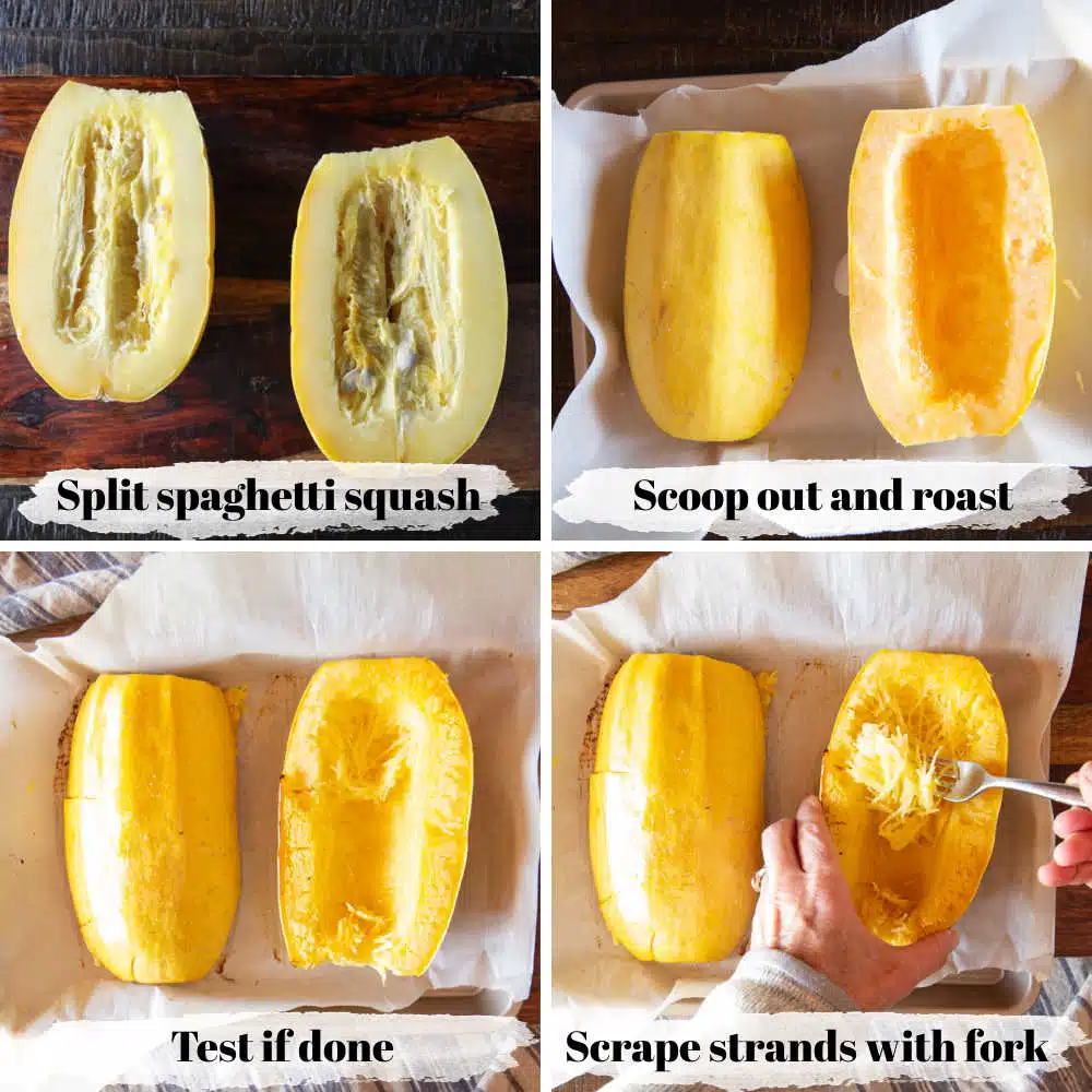 Four process shots on how to roast or air fry a spaghetti squash, with text overlay.