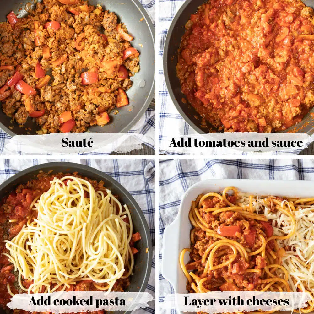 Four process shots showing how to make a baked spaghetti casserole, with text overlay.