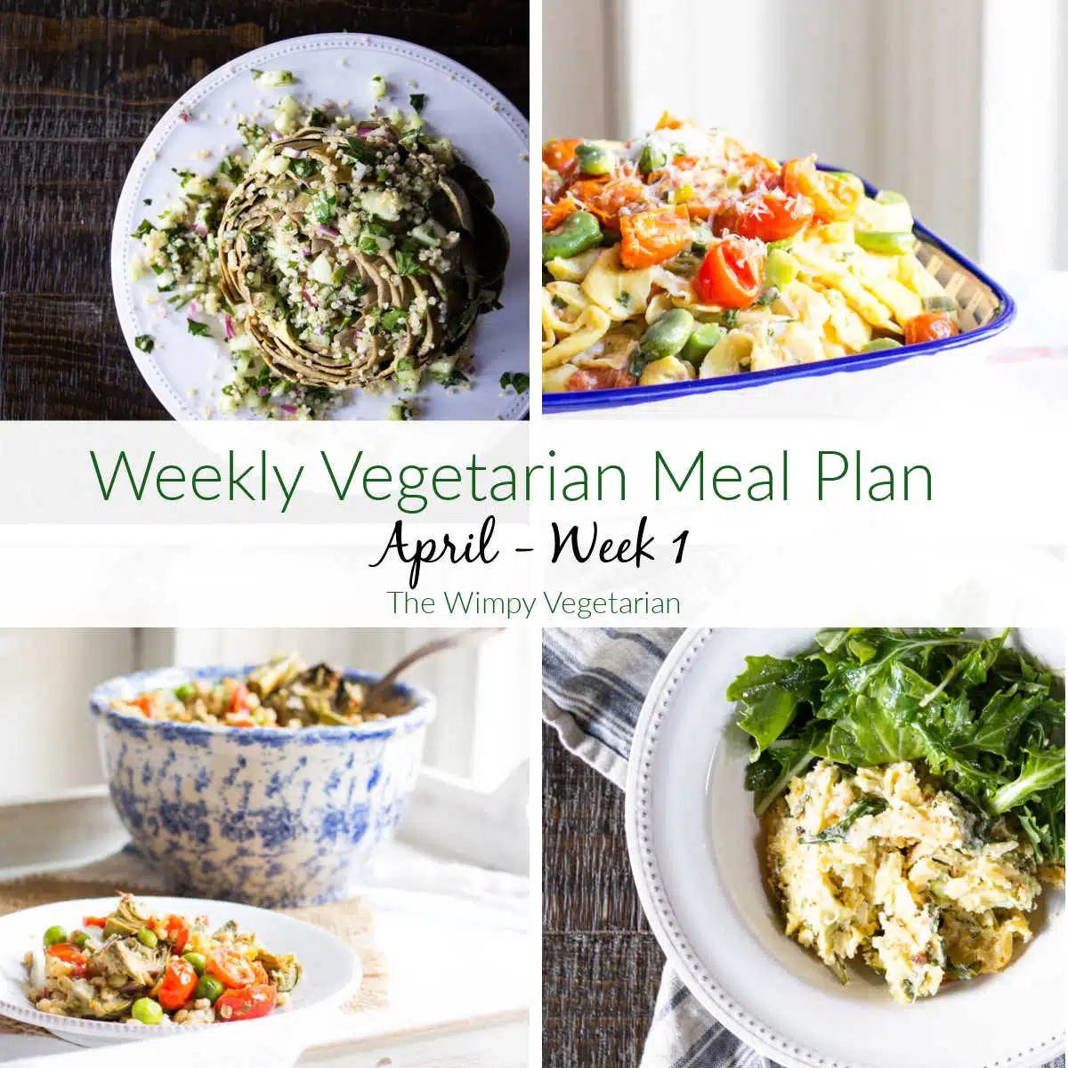 Four dishes from a vegetarian weekly meal plan, including an egg bake, barley pilaf, and stuffed artichoke, with text overlay.