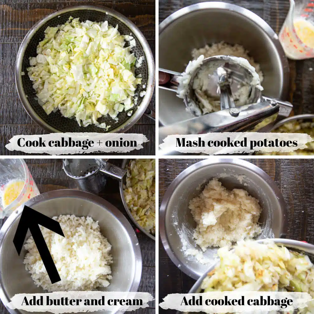 Four process shots of the steps to make colcannon Irish mashed potatoes.
