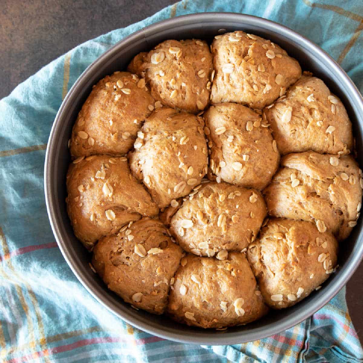 Oatmeal dinner rolls fresh in the oven, still in the baking pan.