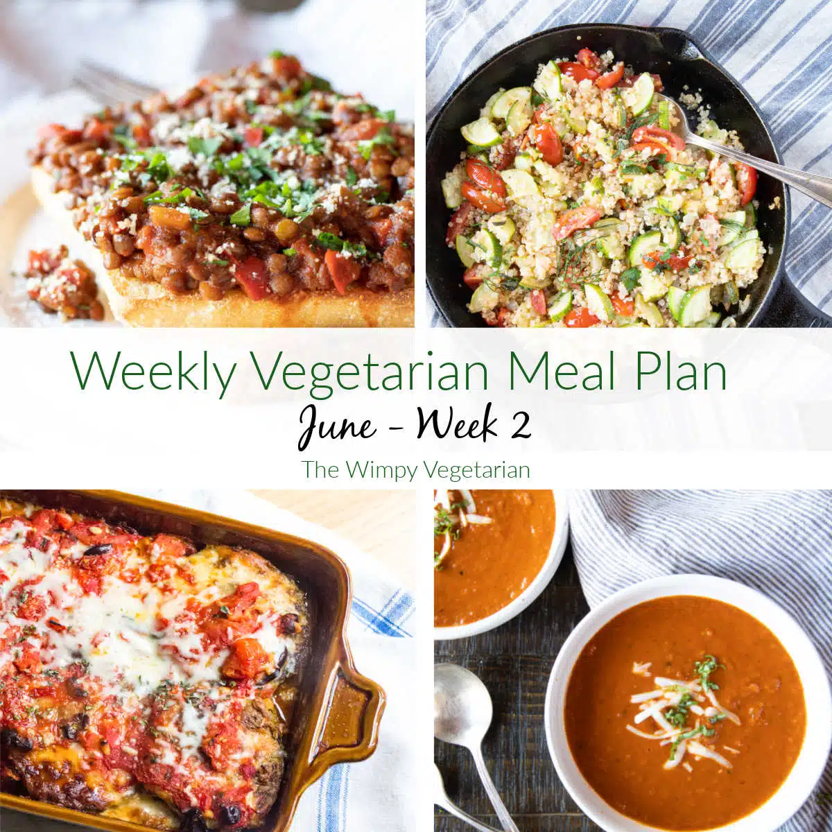Four sample dinners from a vegetarian meal plan with text overlay.