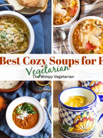 Four vegetarian soups perfect for fall, with text overlay.