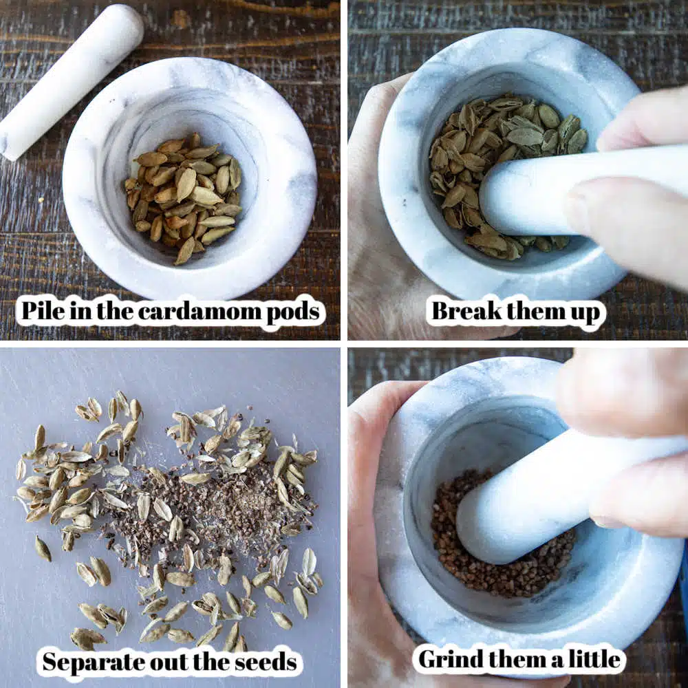Four process shots showing how to shell cardamom pods.