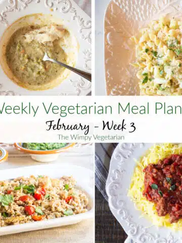 Four dishes from this week's vegetarian meal plan with text overlay.