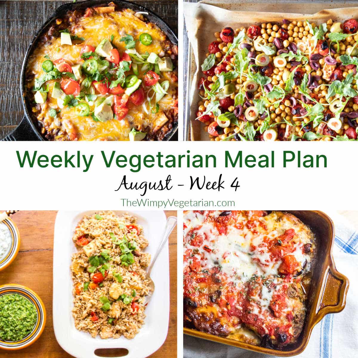 Four dinners from this week's vegetarian meal plan with text overlay.