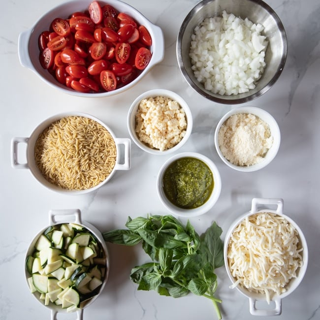 Ingredients to make a one-pot summer pasta dish.