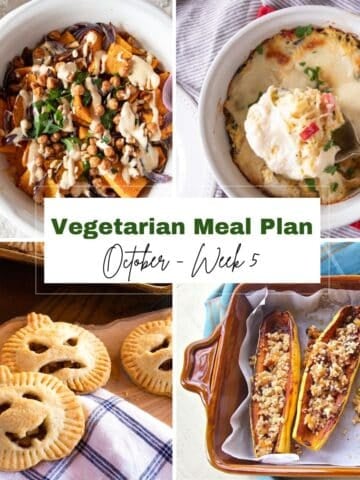 Four dinners from this week's meal plan including spaghetti squash casserole, butternut squash salad, apple hand pies, and stuffed delicata squash with text overlay that says Vegetarian Meal Plan October Week 5.