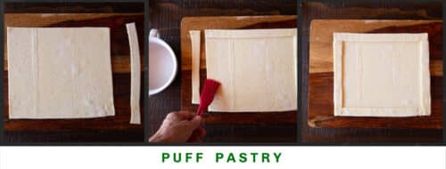Photos of shaping puff pastry to create a raised frame.
