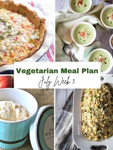 Four photos from this week's meal plan including a Mexican Street Corn Casserole, Chilled Cucumber Soup, a Moroccan Couscous, and Frozen Peach Yogurt.