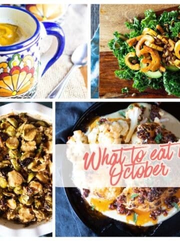 Four photos of recipes shared in the updated What to Eat in October guide: pumpkin soup, kale and delicata squash salad, air fryer Brussels sprouts and whole roasted cauliflower.